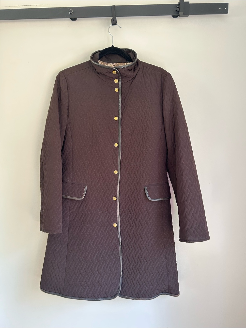 Vintage Chocolate Brown Quilted Leather Trim Long Car Jacket Coat Size Medium